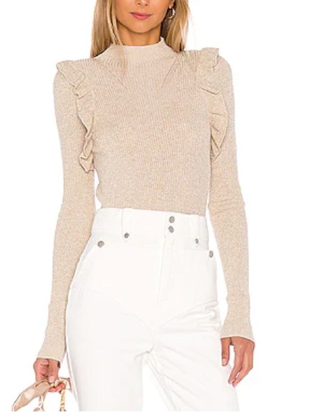 MAJORELLE Annie Metallic Gold Ivory Ruffle Mock Neck Rib Knit MJK139 Sweater M